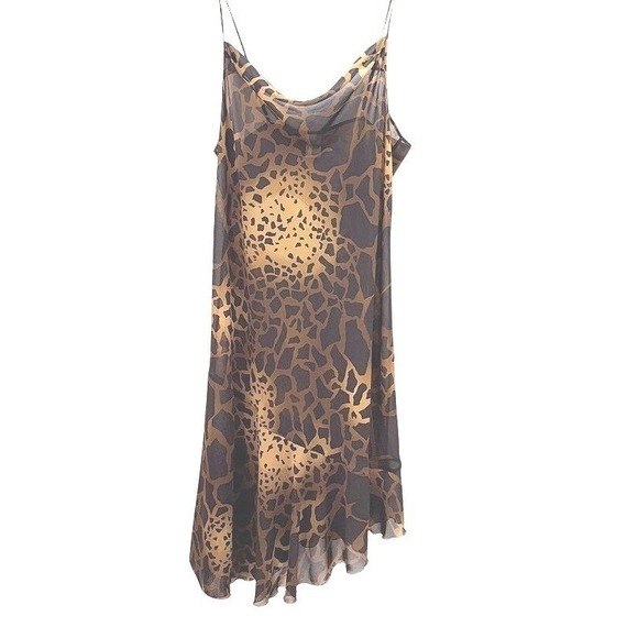 Sheer Slip Dress Sz 3XL Brown Giraffe Print Cowl Neck Asymmetric Hem Y2K Chic - Picture 1 of 10